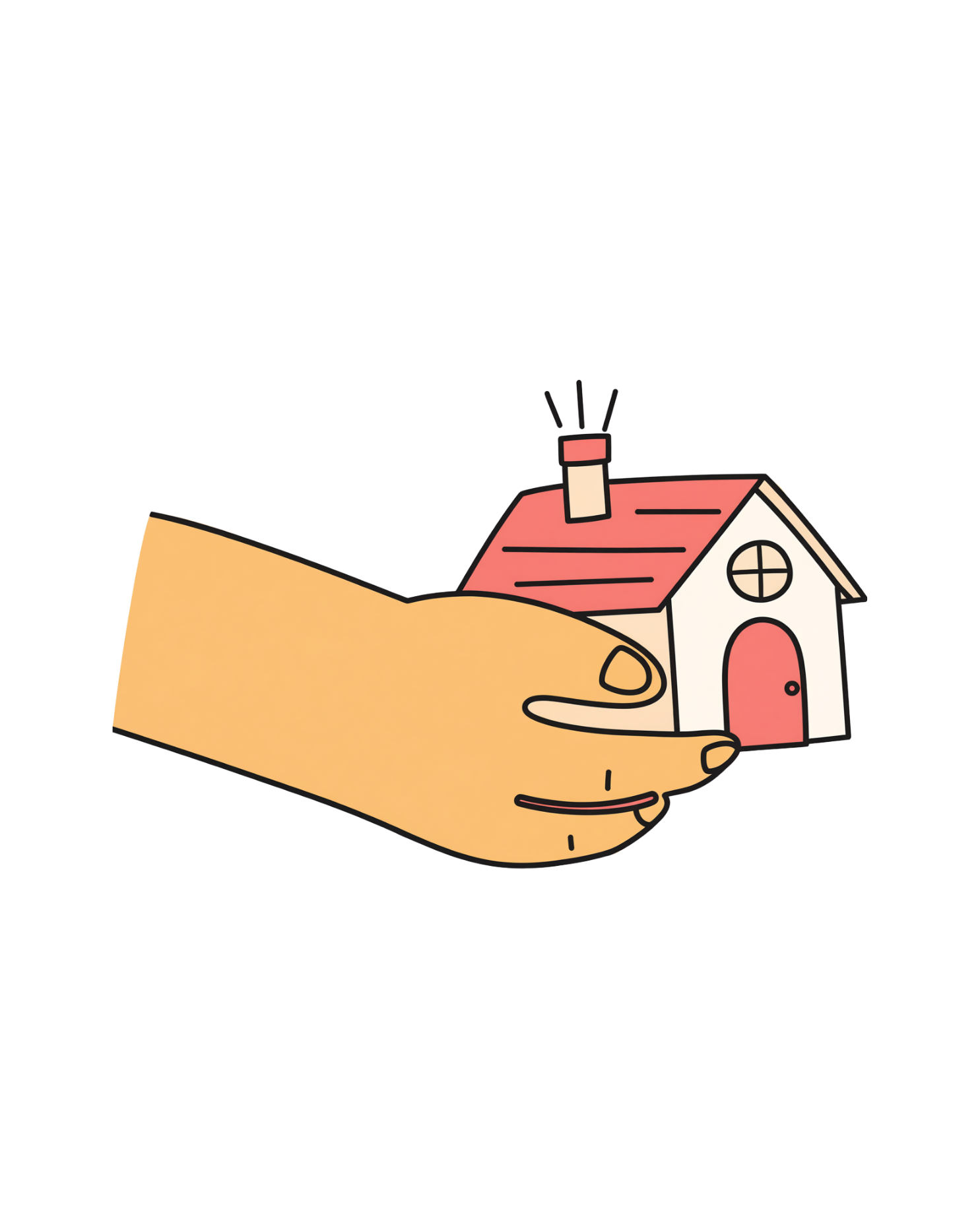 A hand holding a small house with a red roof and a chimney emitting smoke.