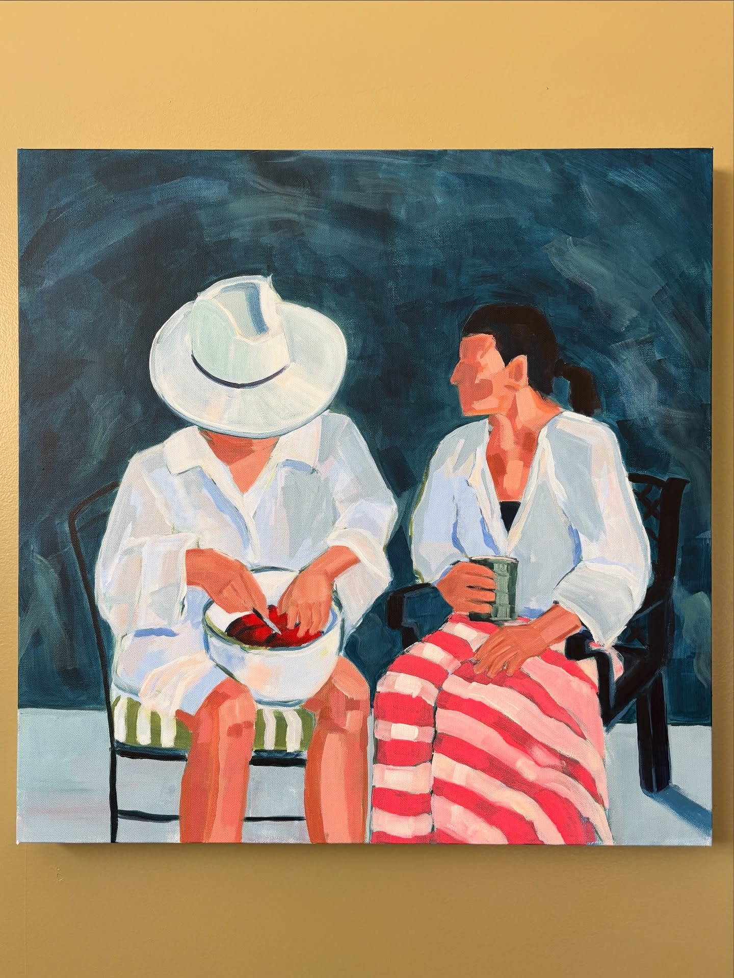 Coring: step 1 of tomato juicing (after setting up and washing the tomatoes). It&rsquo;s also the best job because we pass the day telling stories, laughing, and drinking bloody marys. 

24x24&rdquo;, acrylic on canvas. Available soon! 

#birminghama