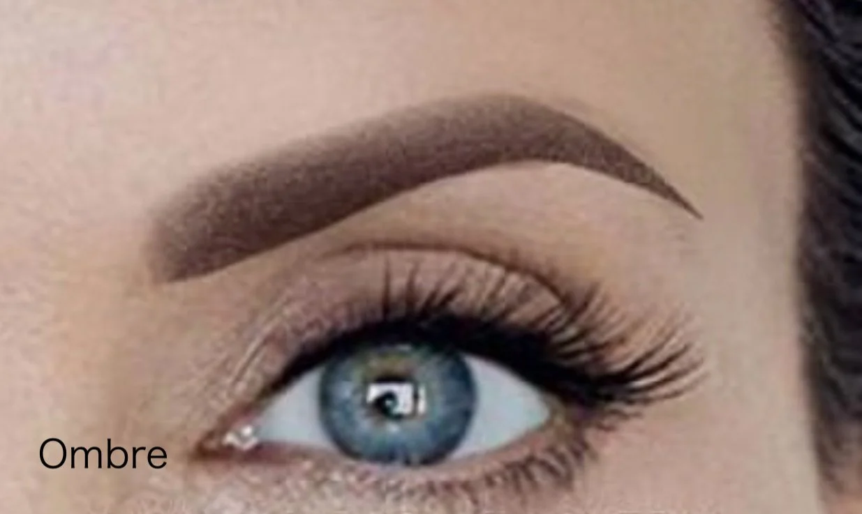 A close-up of an eye with a perfectly shaped ombre brow, featuring a gradient effect from light to dark for a soft, powdered finish.