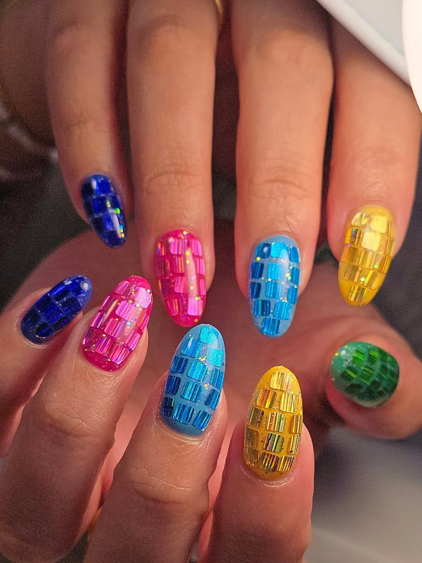 These rainbow disco balls take so long to do, but are always SO worth the time! 🪩 

💅🏼 service: structured gel infill + long nail add-on + level 4 nail art

✨️ encapsulated with @lightelegancehq JimmyGel in crystal clear from @gel_inc_supplies