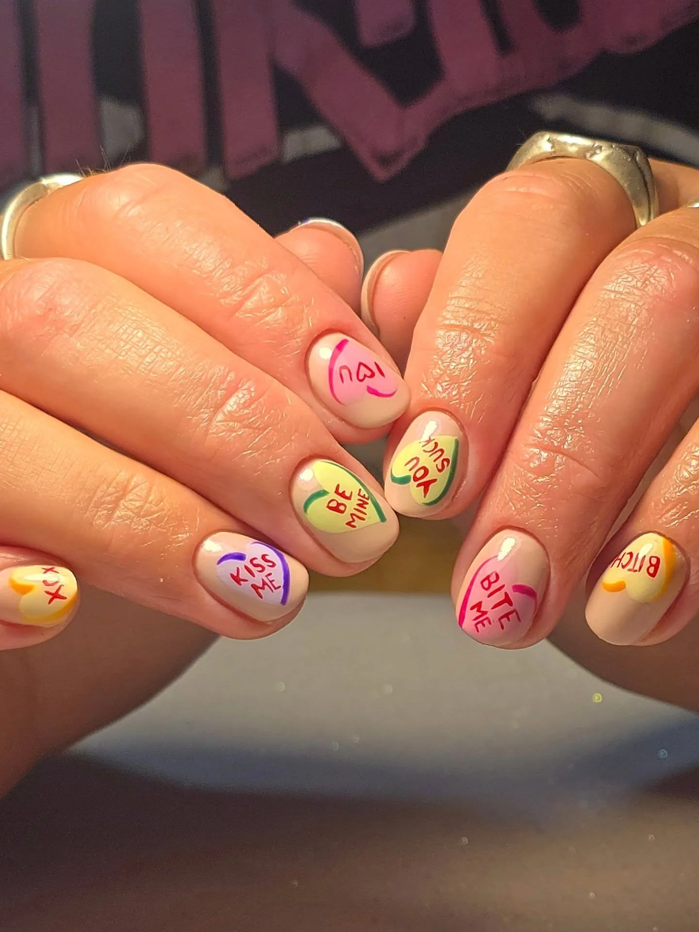 I love a good Valentine's nail, but getting to pop in a few sneaky swear words, it made these candy hearts even sweeter! 🩷 

💅🏼 service: structured gel infill + level 4 nail art

@lightelegancehq Lexy Line Extreme base + buttercreams @gel_inc_supp