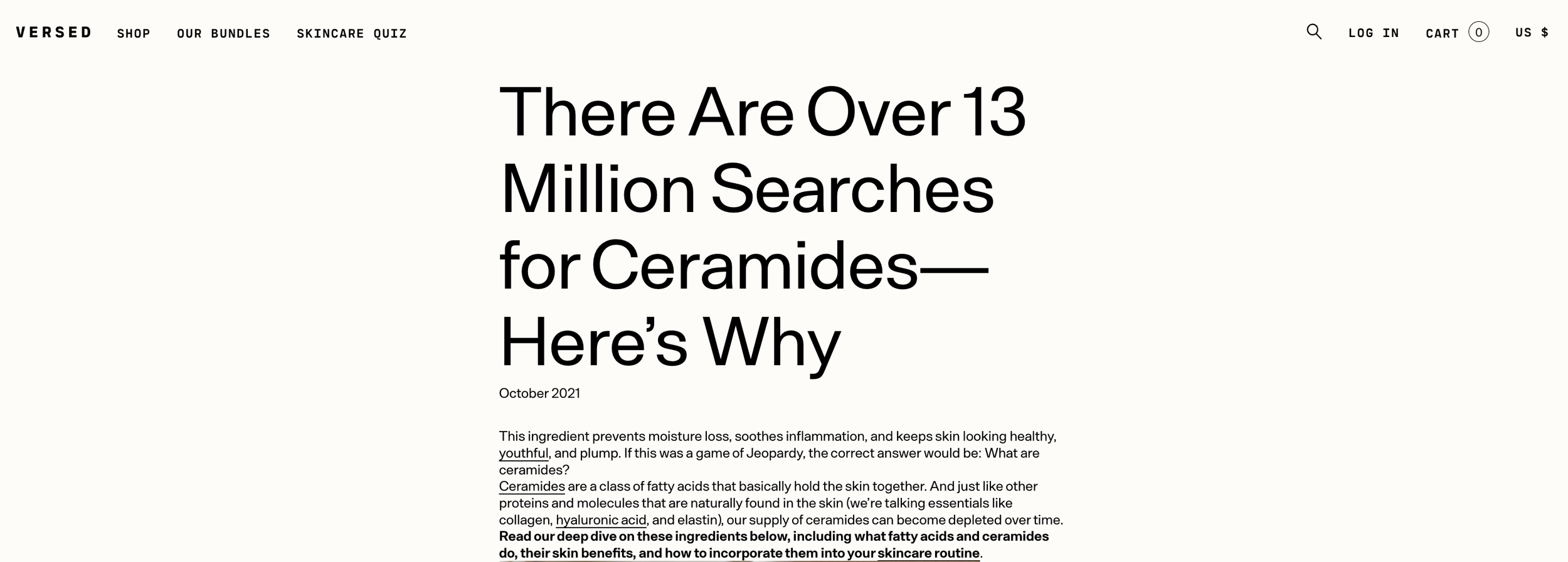 Screenshot of a webpage with a header that reads 'There Are Over 13 Million Searches for Ceramides—Here's Why,' describing the benefits of ceramides for skin health, with menu options at the top including shop, bundles, skincare quiz, log in, cart, and search icon.
