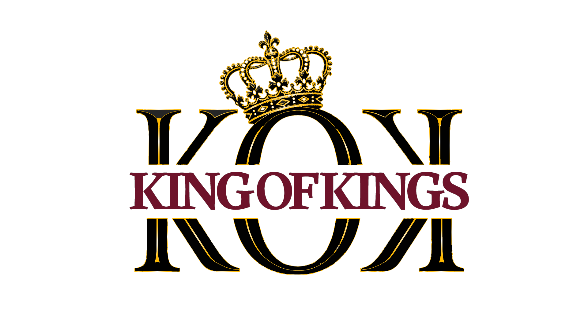 A black background with a gold and purple logo for 'King of Kings'. The logo features a crown and stylized letters 'KOK' with the words 'KING OF KINGS' in purple across the center.