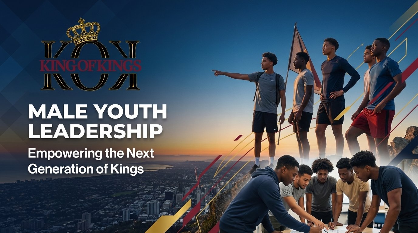 Group of young men standing on a hilltop at sunset, with some holding a flag and others looking at the view, promoting male youth leadership and empowerment.