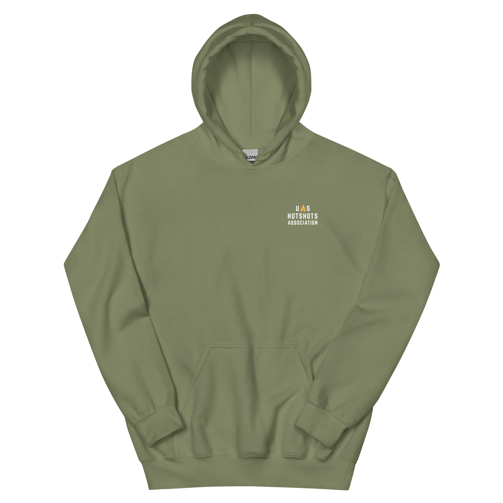USHA Unisex Green Hoodie featuring the U.S. Hotshots Association logo, designed for comfort and durability in support of wildland firefighters.