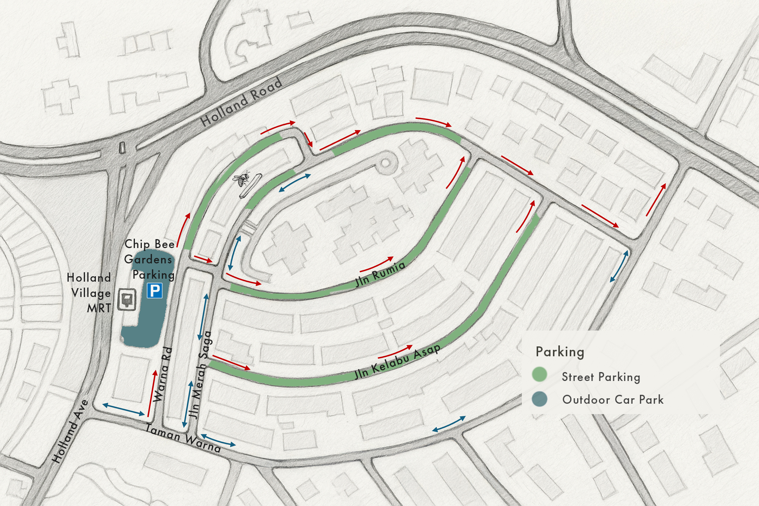 Map to Chip Bee Bistro in Holland Village, including Chip Bee Gardens parking and MRT access.