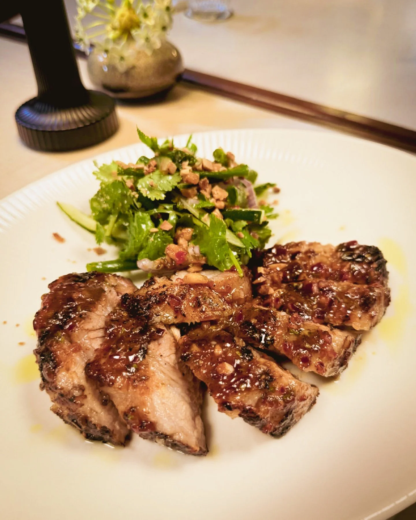 Our 12hr Slow Cooked Berkshire Pork Belly with chilli lime glaze, Asian herb salad, toasted almond &amp; lard crumb.⁠
⁠
#chipbeebistro #cbb #hnhg