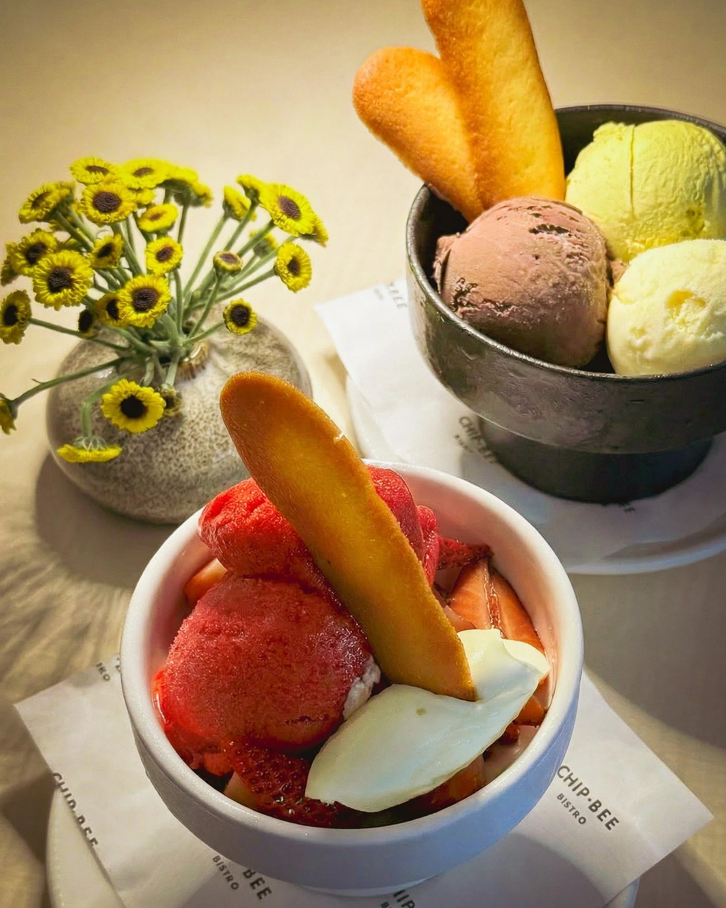 You can never have too many desserts&hellip;⁠
⁠
Two new additions: ⁠
Raspberry sorbet, aged balsamic macerated strawberries, double cream 🍓 ⁠
⁠
A trio of Pistachio, Gianduja and Vanilla Bean gelato 🍨⁠
⁠
#chipbeebistro #cbb #hnhg