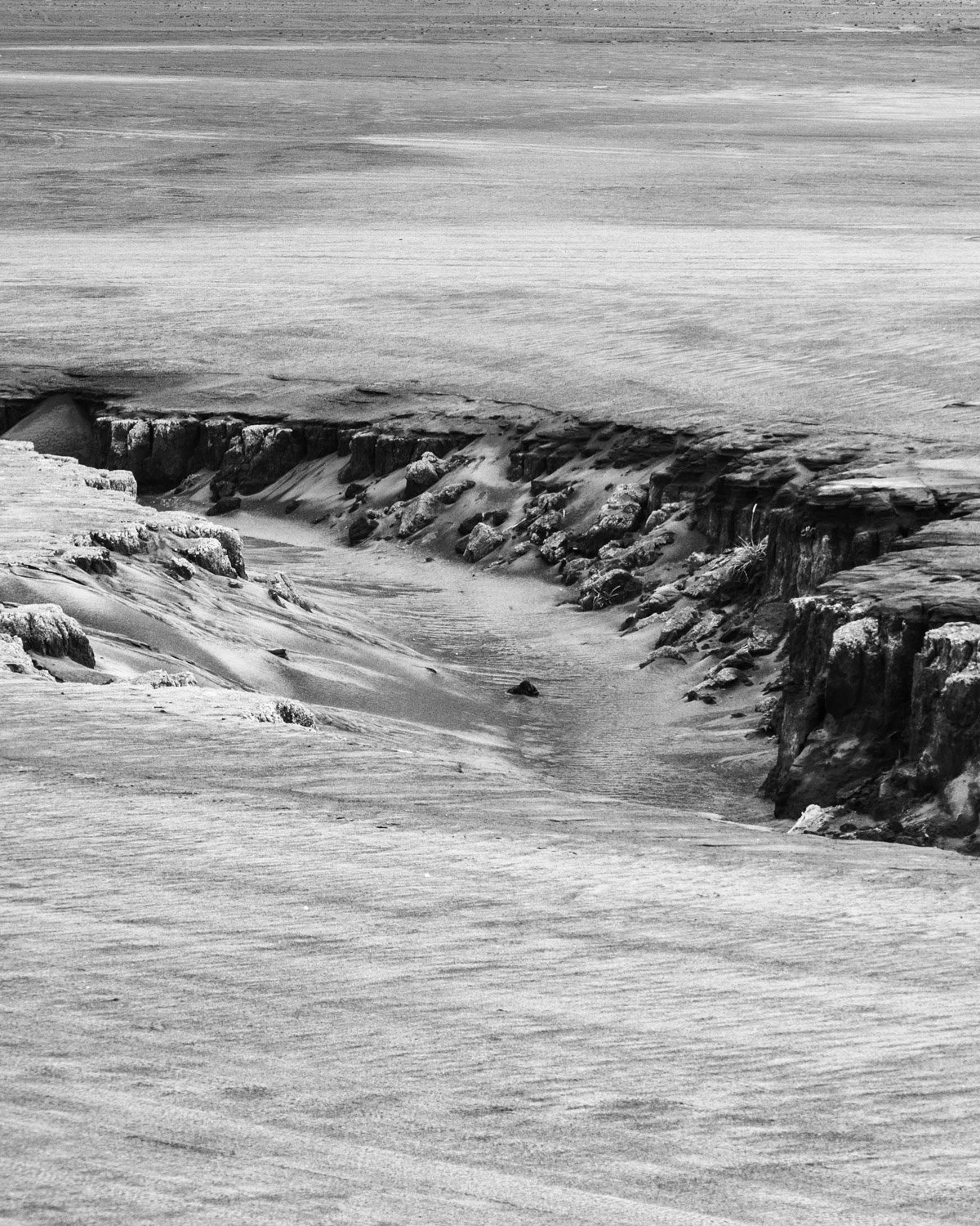 Black and white photo of a rocky beach with waves washing over rocks and sand.