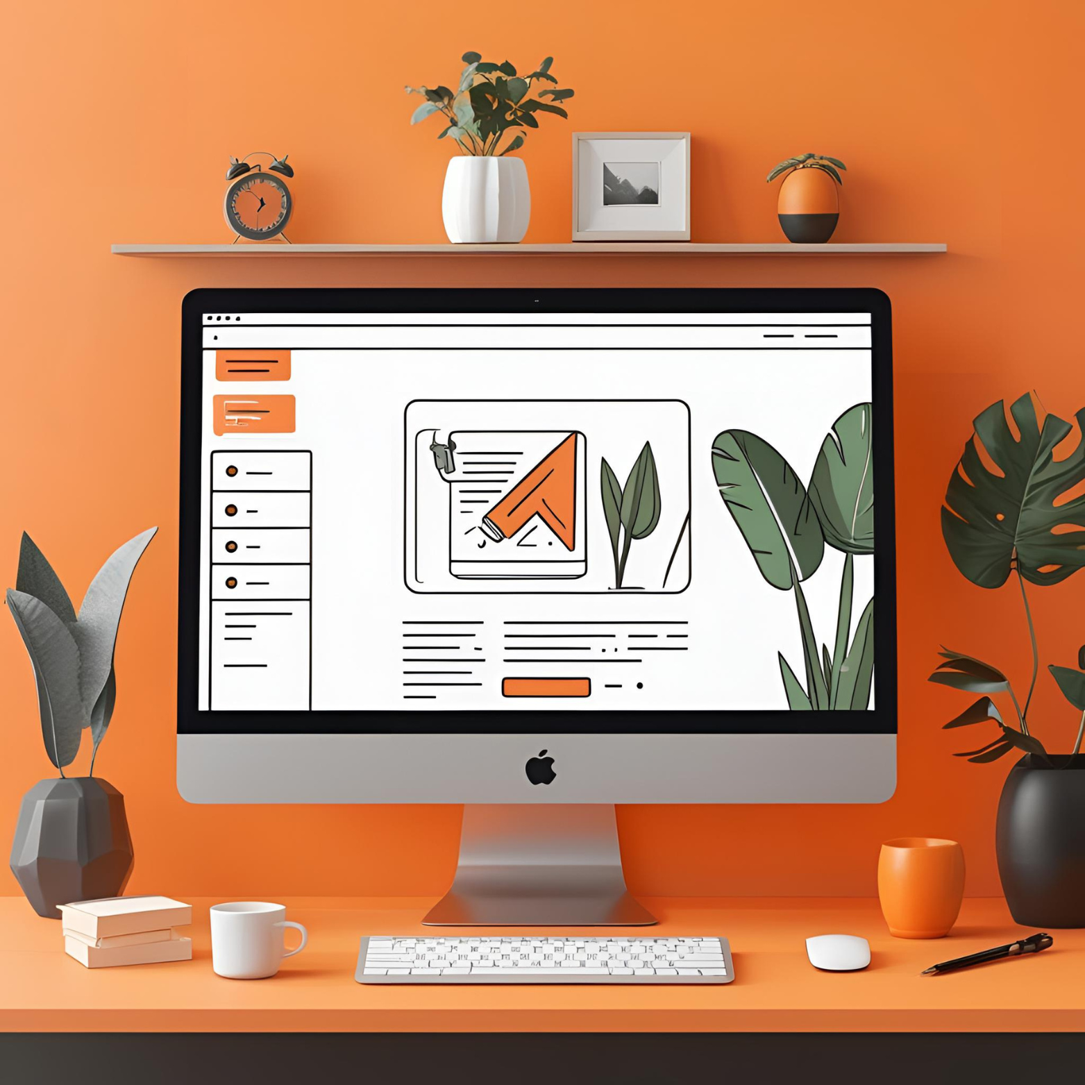 An Apple iMac computer on a desk with a desktop design showing a pencil and plant illustration, surrounded by potted plants, books, a coffee mug, a pen, and an orange and black vase