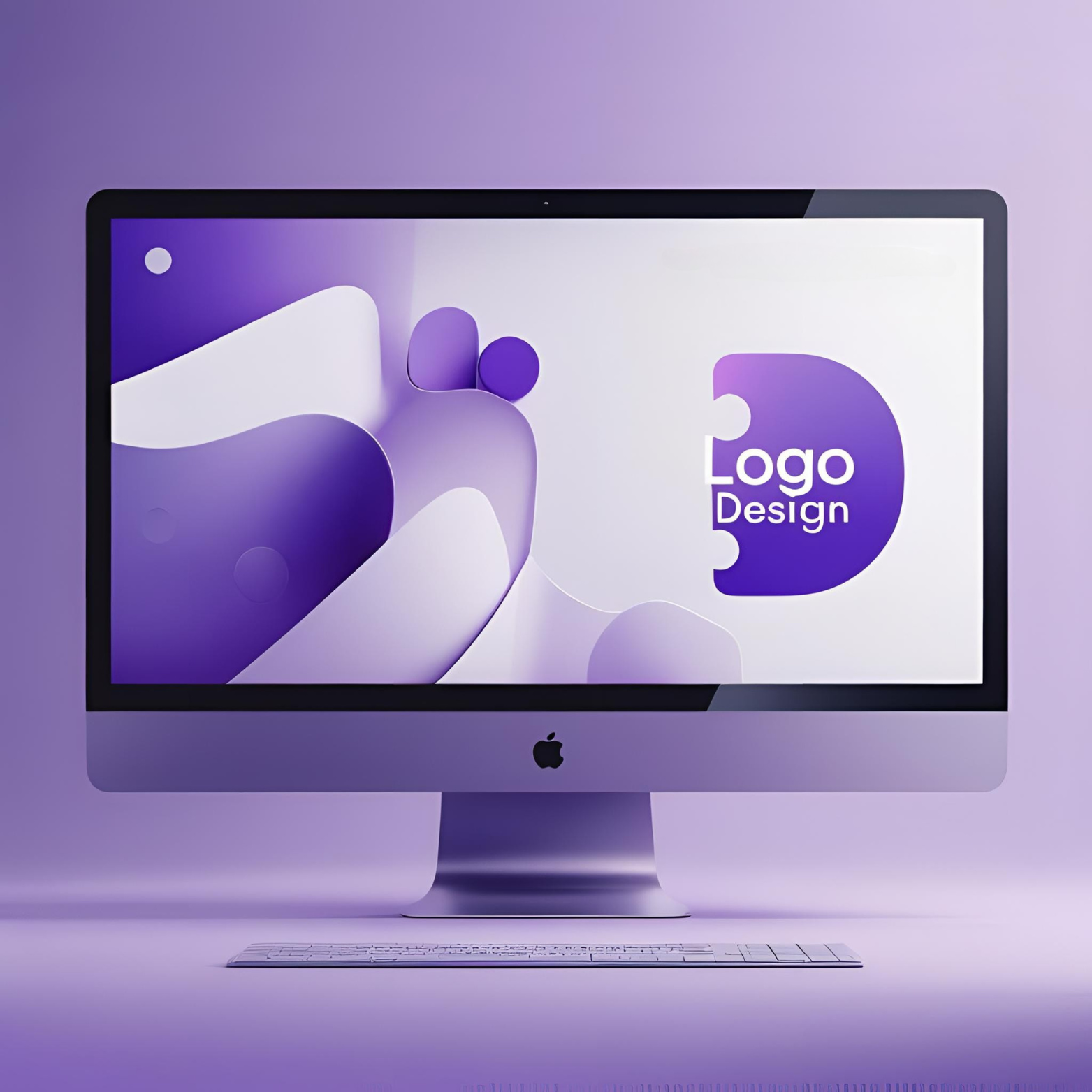 An Apple iMac computer screen displaying a purple and white abstract background with the words 'Logo Design' in the center.