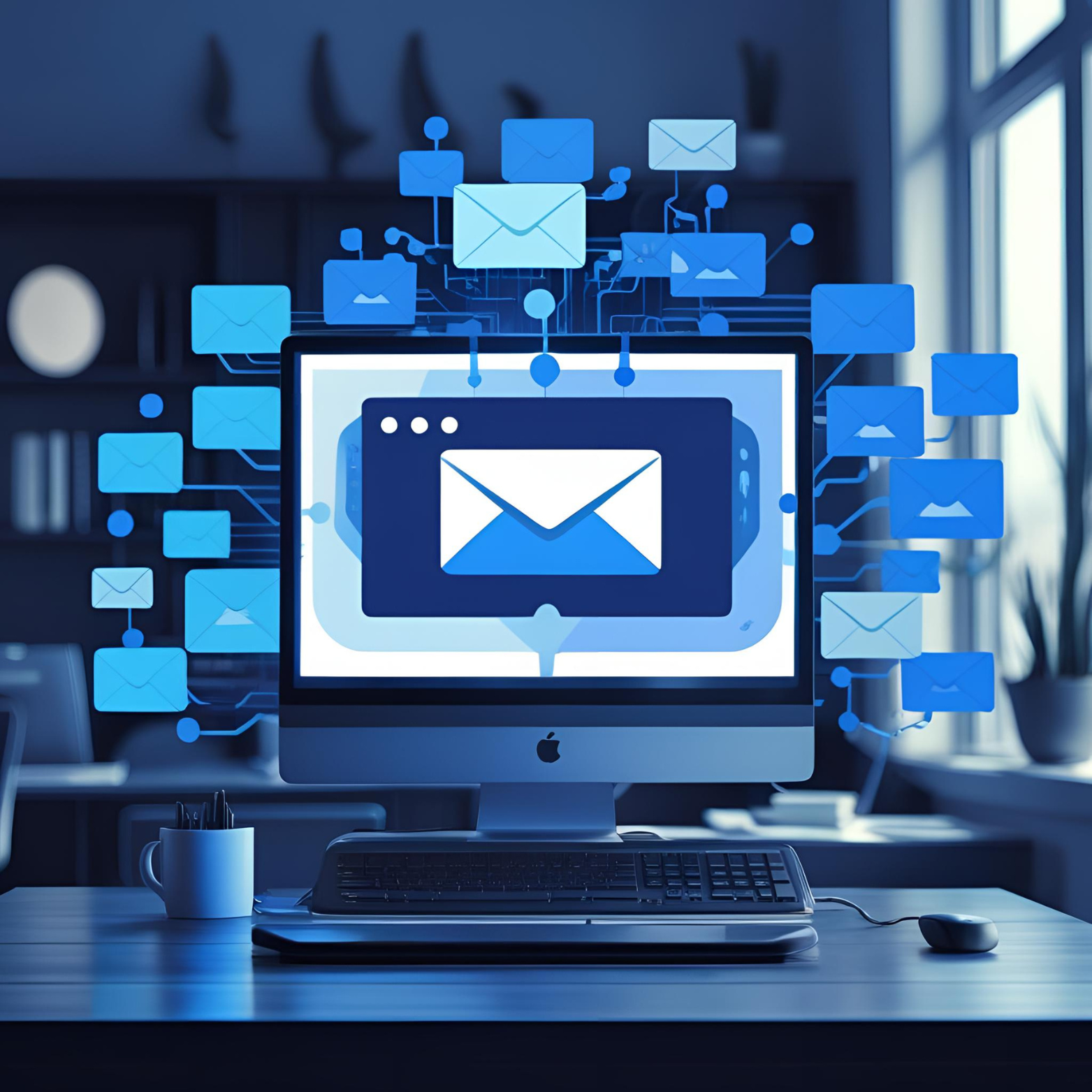 Computer monitor with email icons and floating envelopes symbolizing email communication.