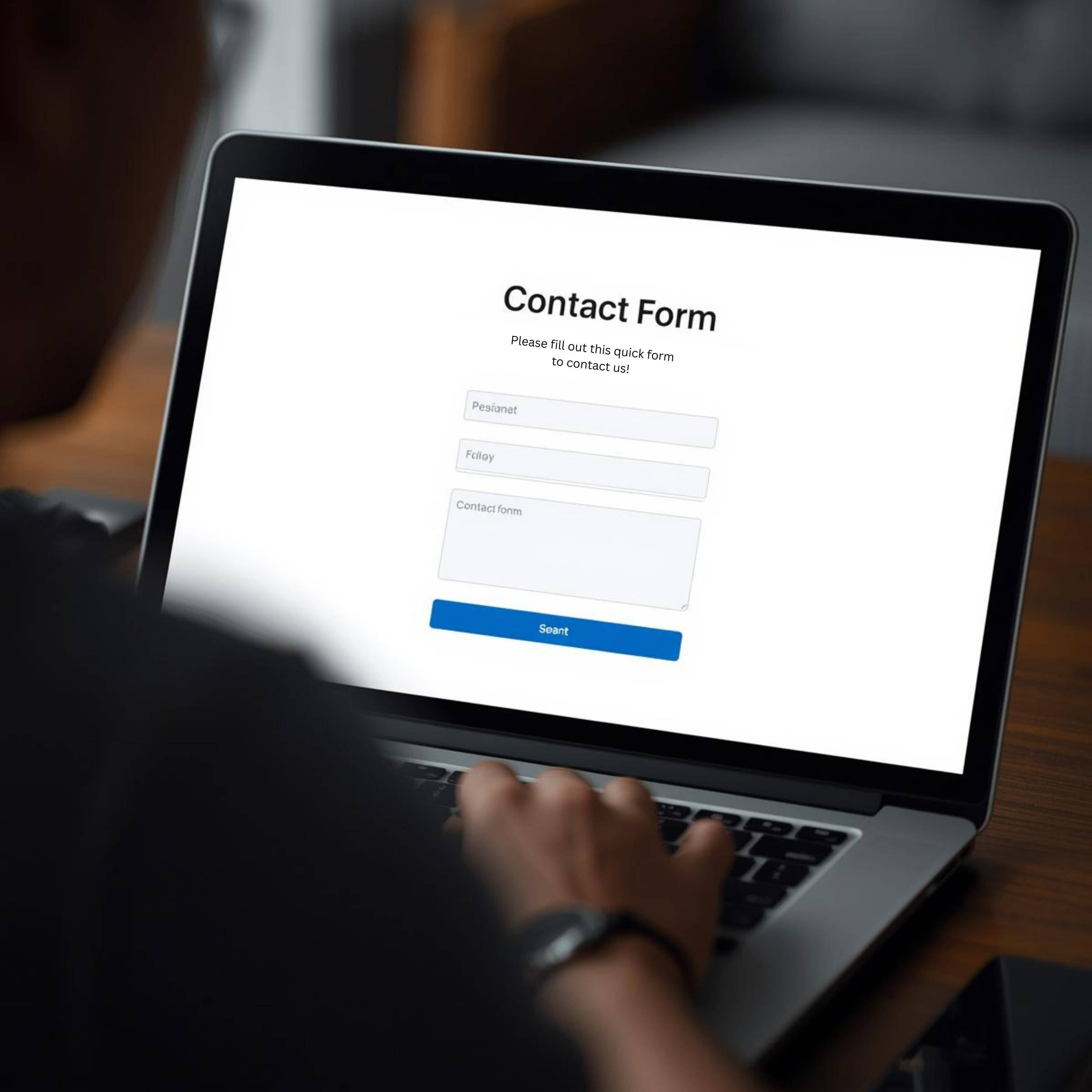 A person holding a laptop computer with a contact form on the screen.