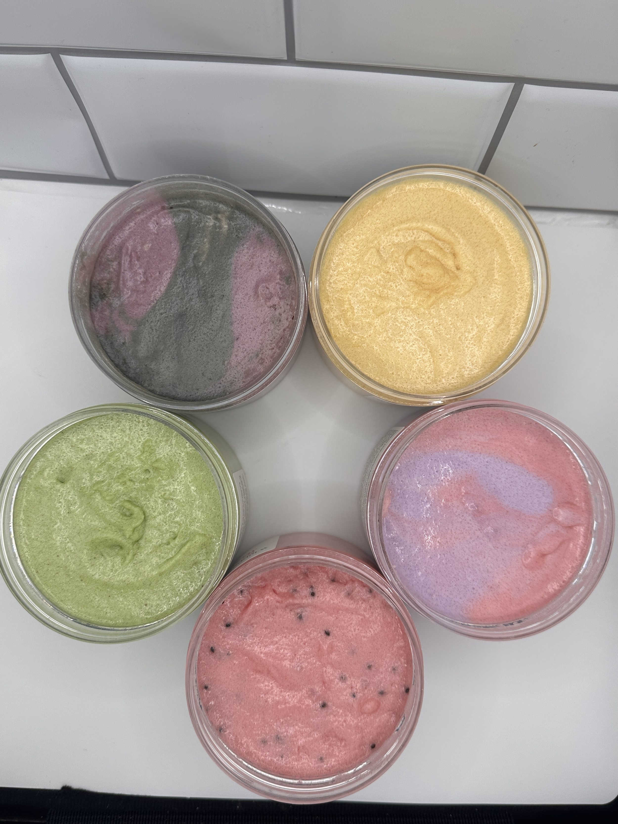 Whipped Soap Sugar Scrub Open Top, Love Spell, Passionfruit Rose, Dark Crystal, Coconut Lime, Dragonfruit Hibiscus  wht tile Bg.png