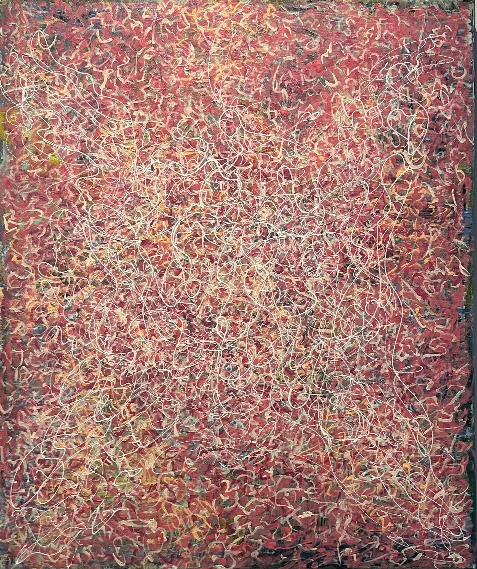 Abstract painting with a predominantly pink background, featuring colorful confetti-like squiggly lines and small splashes of various colors.