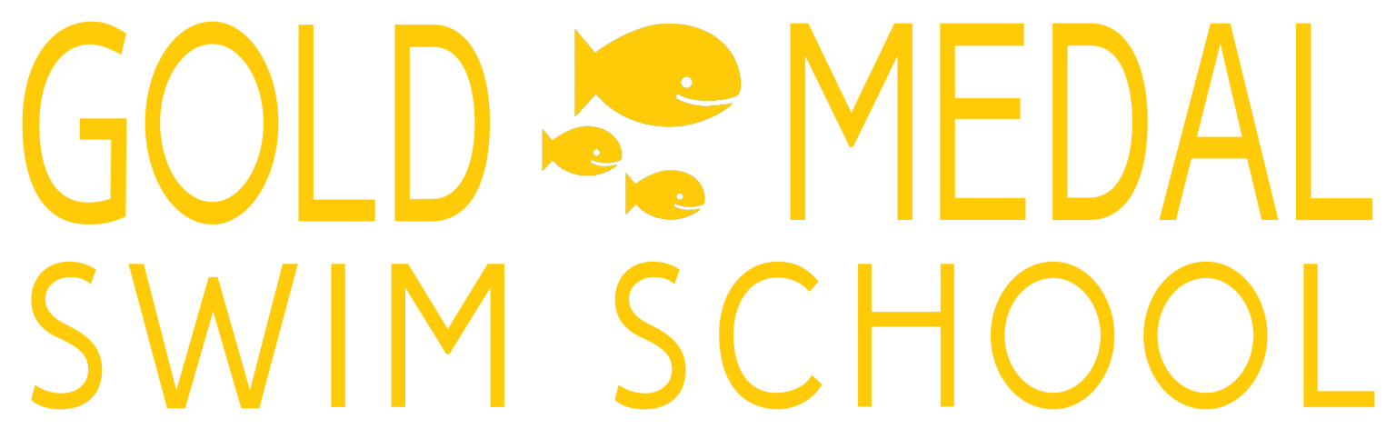 Family event Chandler, Logo for Gold Medal Swim School featuring the words 'GOLD MEDAL SWIM SCHOOL' in yellow text with three swimming fish illustrations above the words.