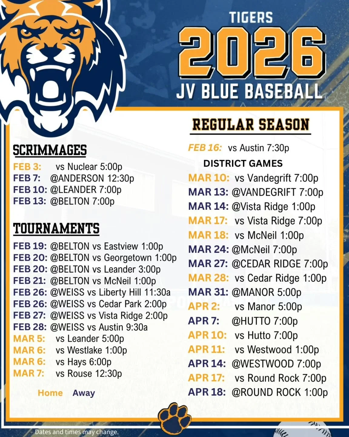 Current baseball schedule for JV Blue.  Schedule changes may occur.  Please follow on our socials or on our website (link in our profile) for updates.

#stonypointbaseball #stonypoint #tigernation #stonypointjournalism