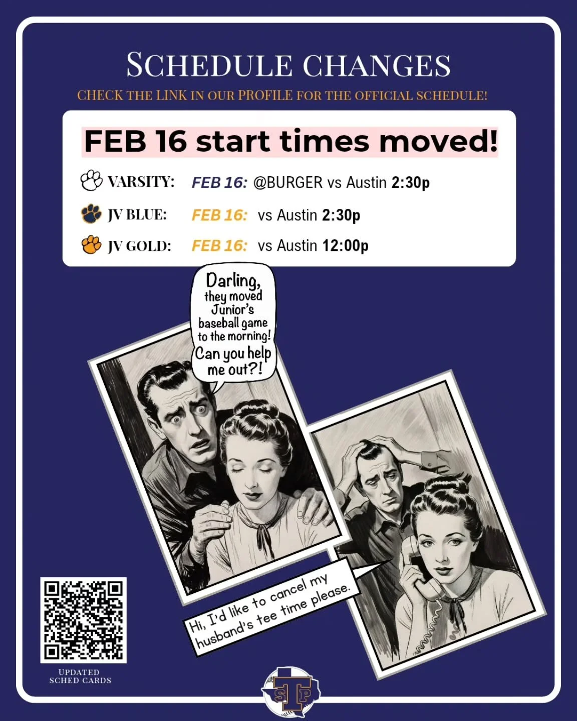 FEB 16 start times moved earlier in the day. Please use the link in our profile to see the official schedule. This is the first official game of the season.  Use the QR code to find the updated schedule cards.
#stonypointbaseball #stonypointjournalis