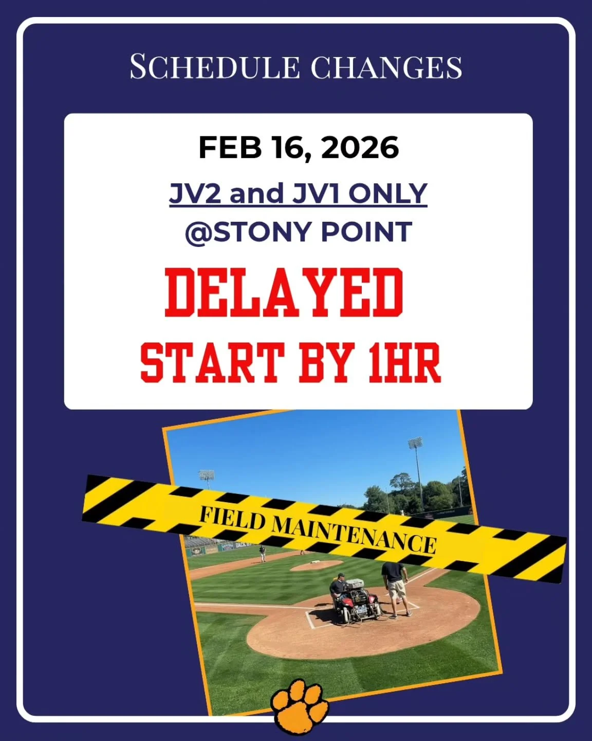 Staff are still preparing the field for play, due to recent rains.  Start times for FEB 16th, at Stony Point, are delayed by 1 hr.