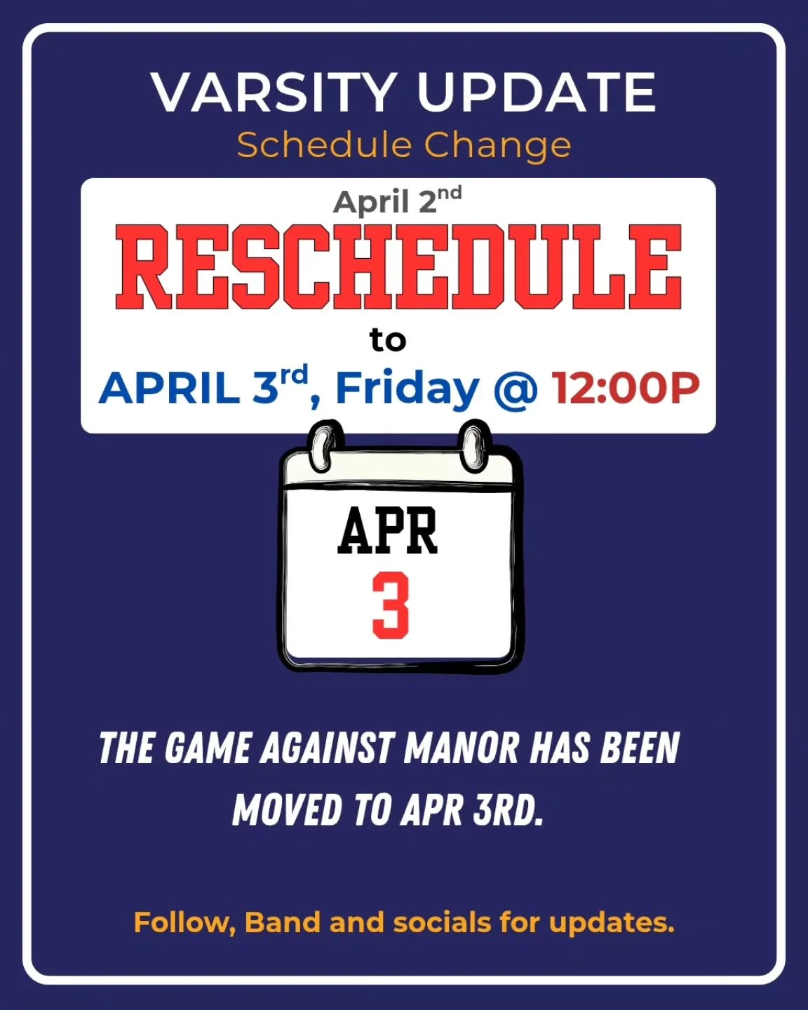 Sorry for the flip-flop.  Game is now at 12:00p, APR 3rd