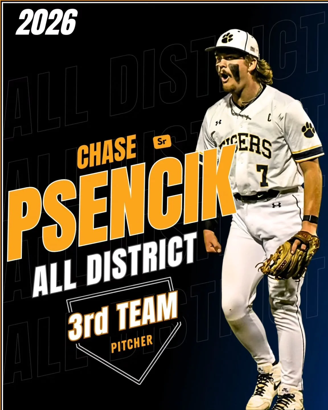 Congratulations to Chase Psencik for being voted as 2026 All District 25-6A #stonypointbaseball #alldistrict #tigernation