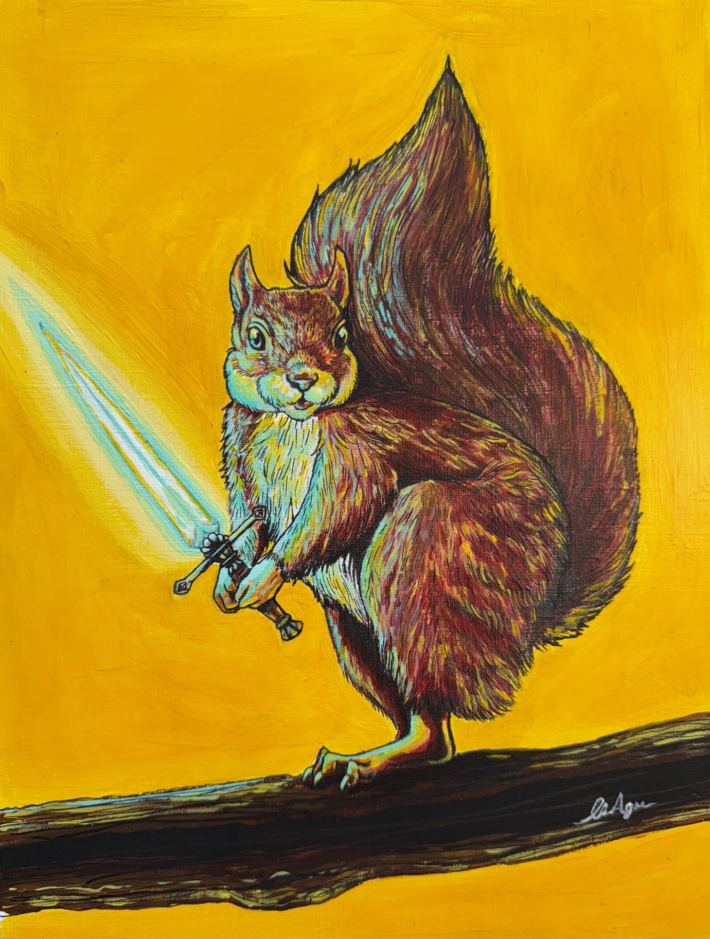 "Squirrel Knight"
Acrylic, alcohol markers, & ink on paper, 8.5" x 11" 
2025