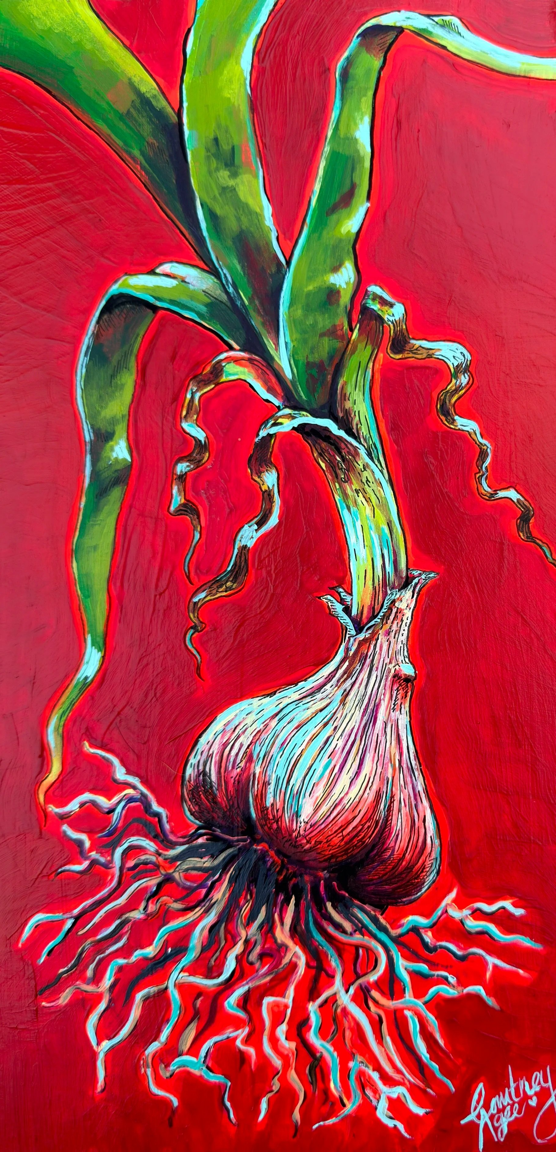 "Summer Garlic" Acrylic & ink on wood, 6"x 12", 2026