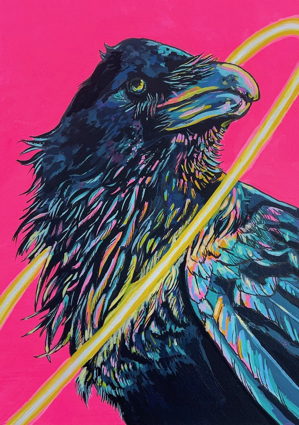 "Raven Portrait" 
Acrylic & ink on paper, 9" x 12" 
2023