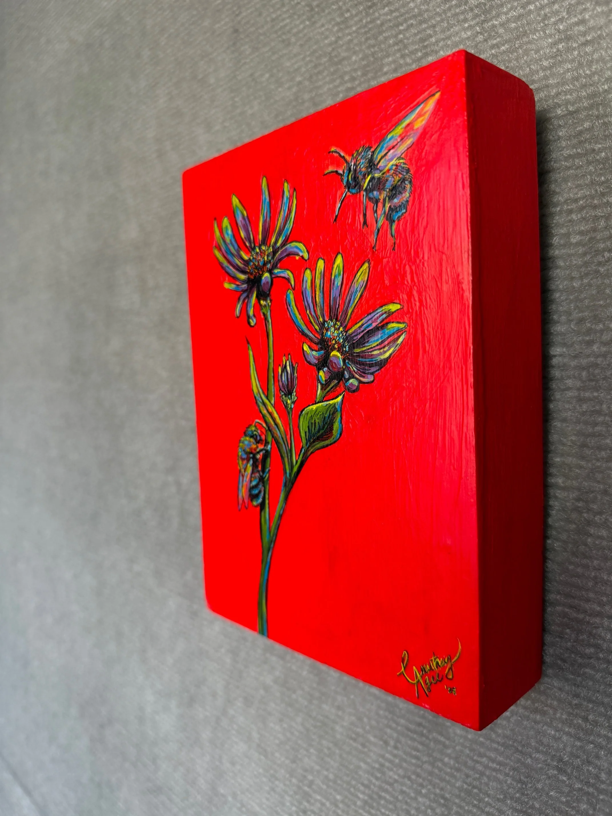 "The Bees and the Asters" - Mini Original Multimedia Painting