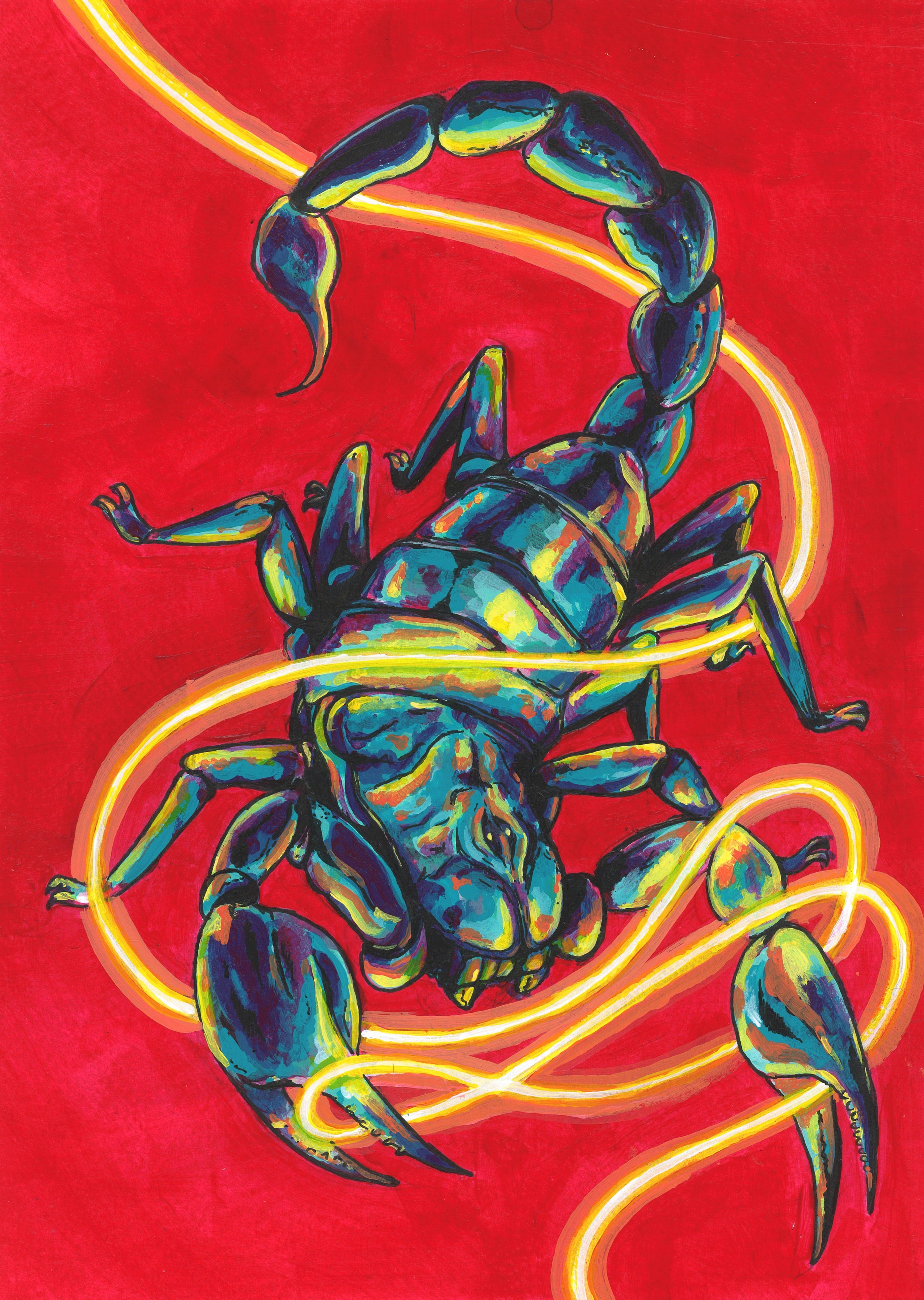"Scorpion Dance" 
Acrylic & ink on paper, 9" x 12"
2023