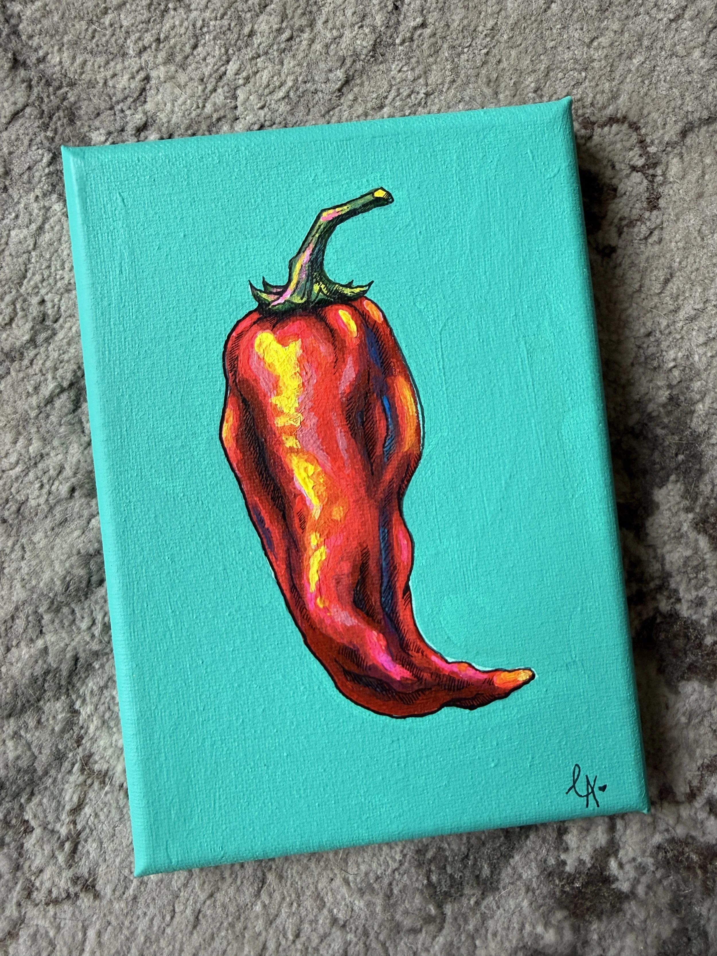 "Chili Pepper Study" - Mini Original Multimedia Painting (5"x7")