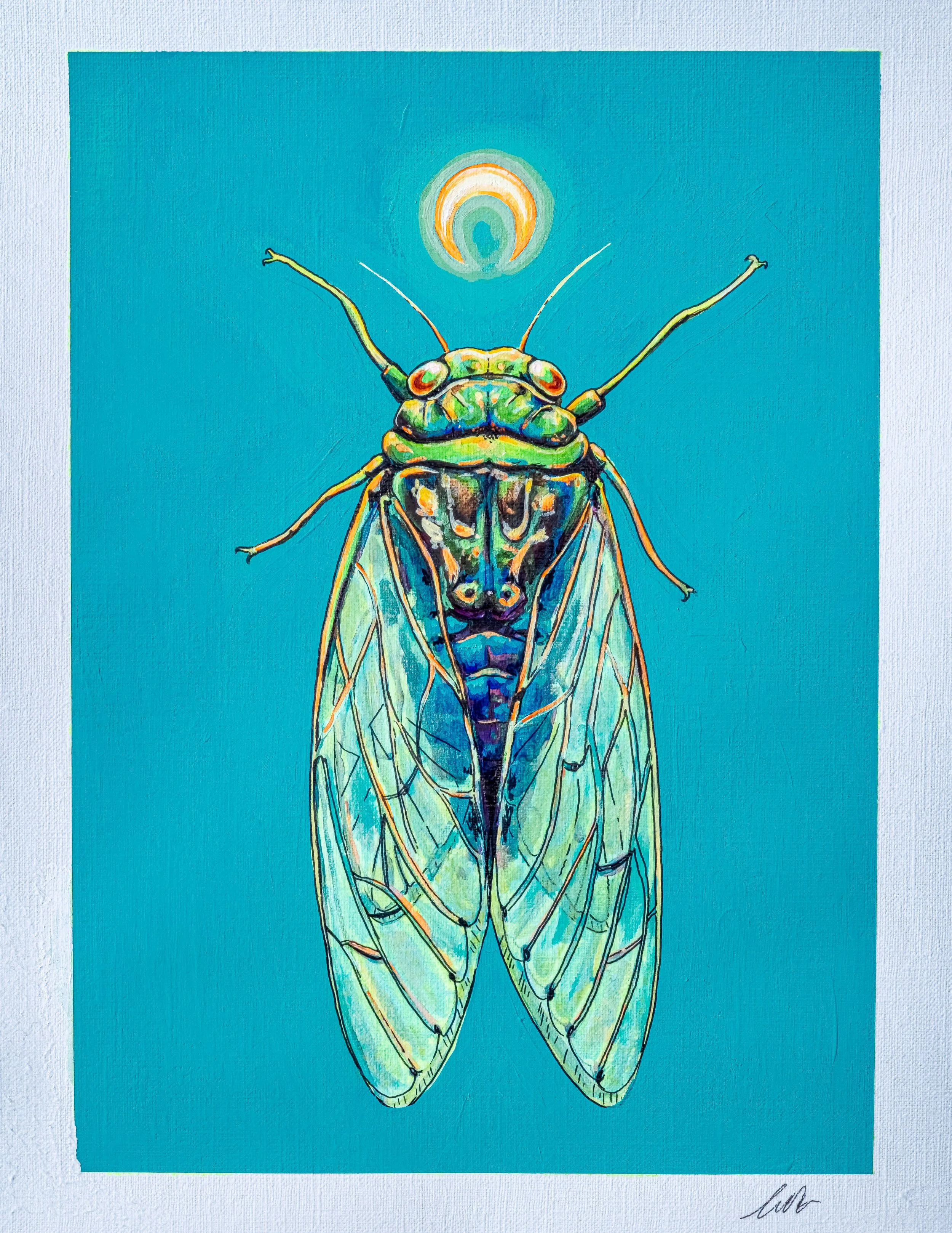 "Goodnight, Cicada" 
Acrylic & ink on paper, 9" x 12" 
2024