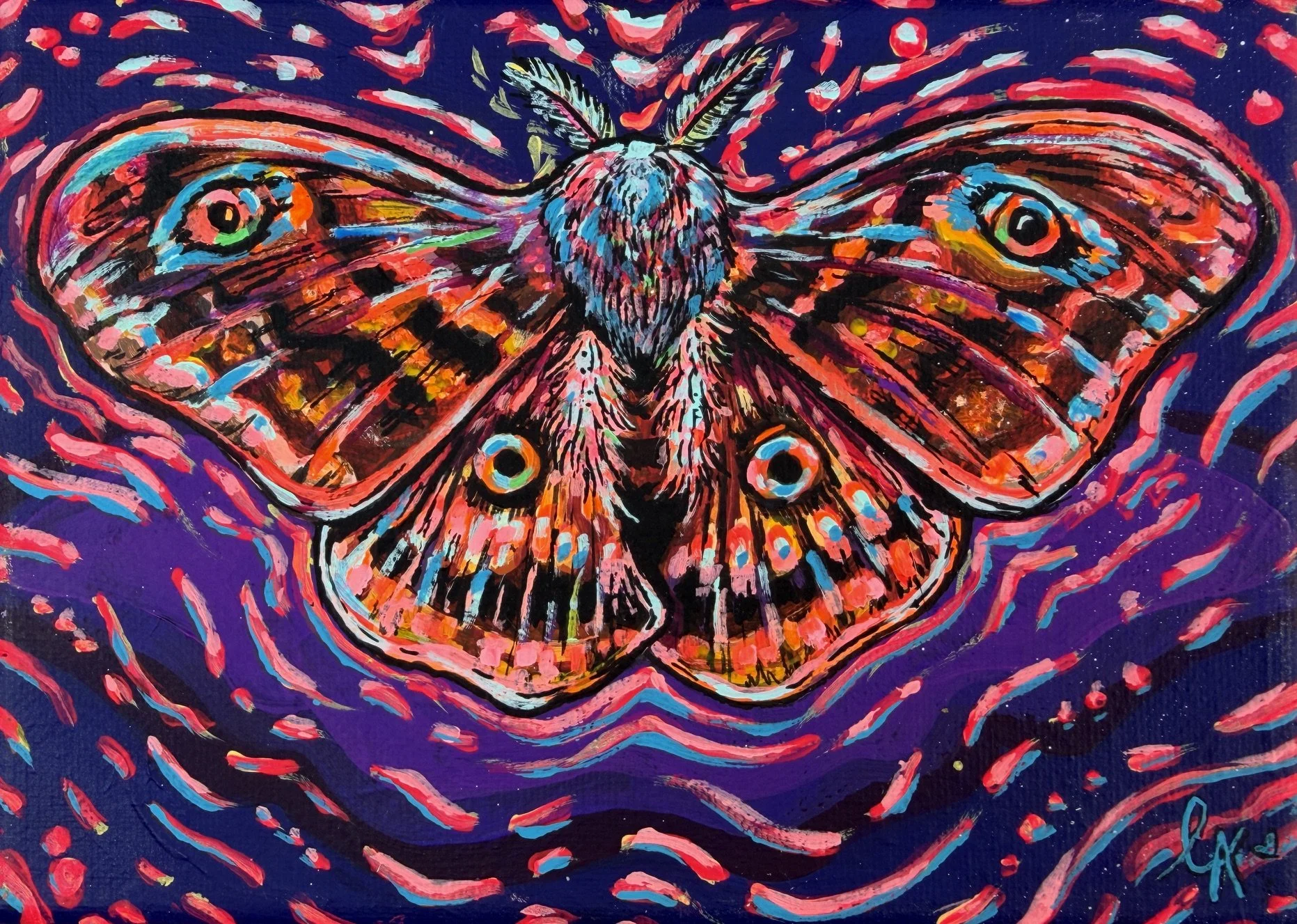 "Hypno Moth", Acrylic & ink on stretched canvas, 7"x5", 2026
