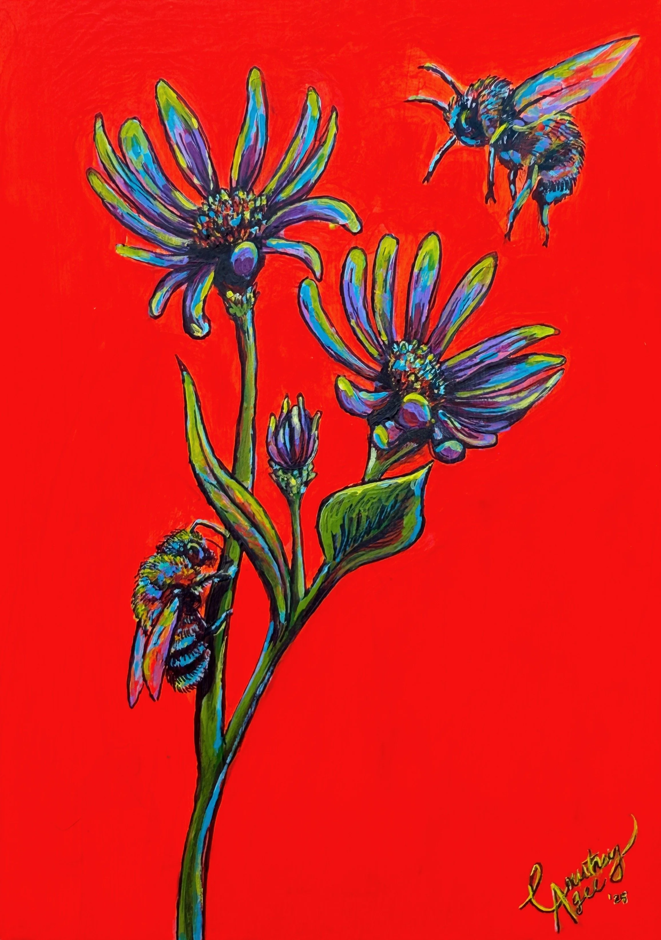"The Bees in the Asters" 
Acrylic & ink on gesso board, 5" x 7" 
2025