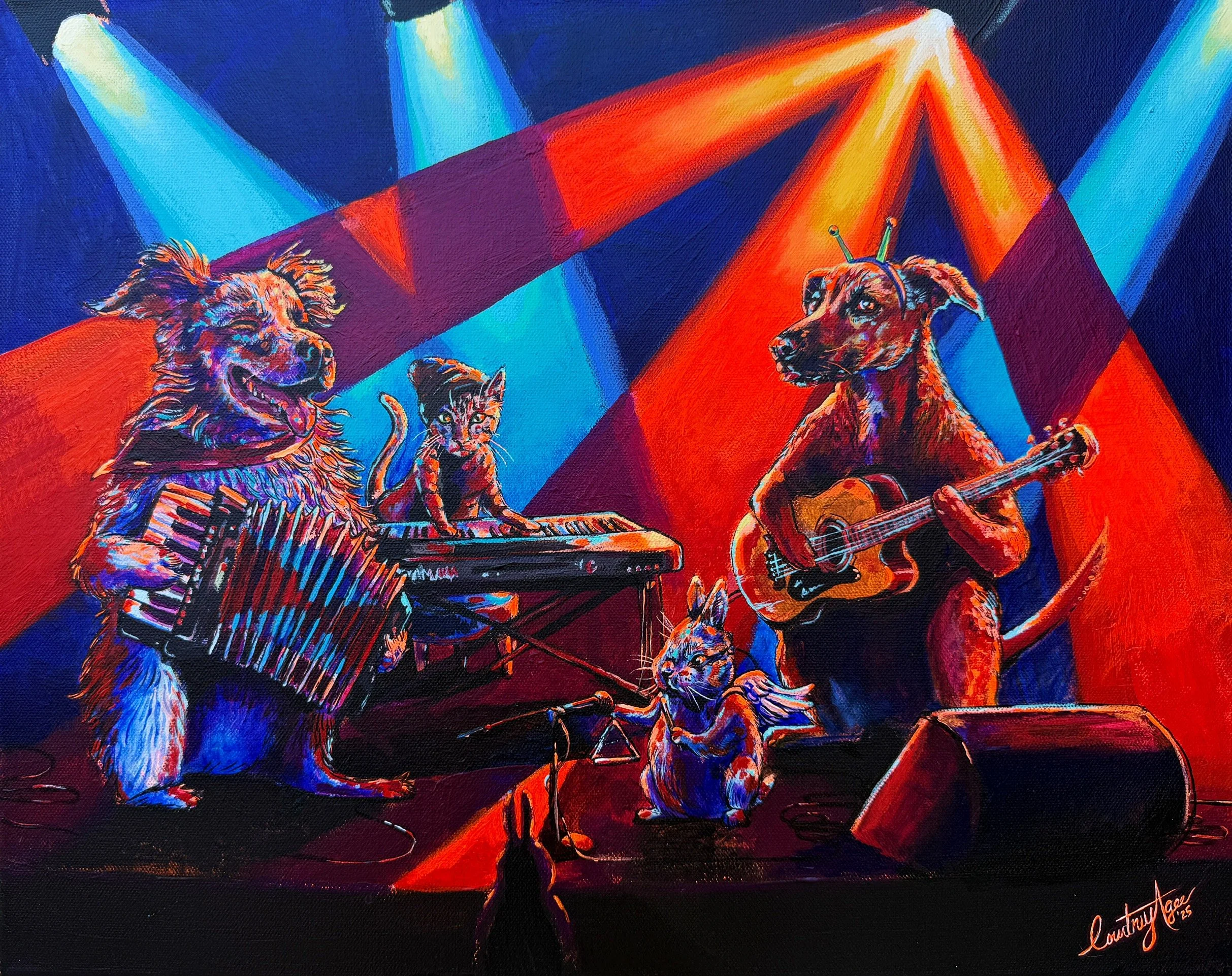 "Stella and the Symphony of Paws" 
Acrylic & ink on canvas, 20" x 16" 
2025