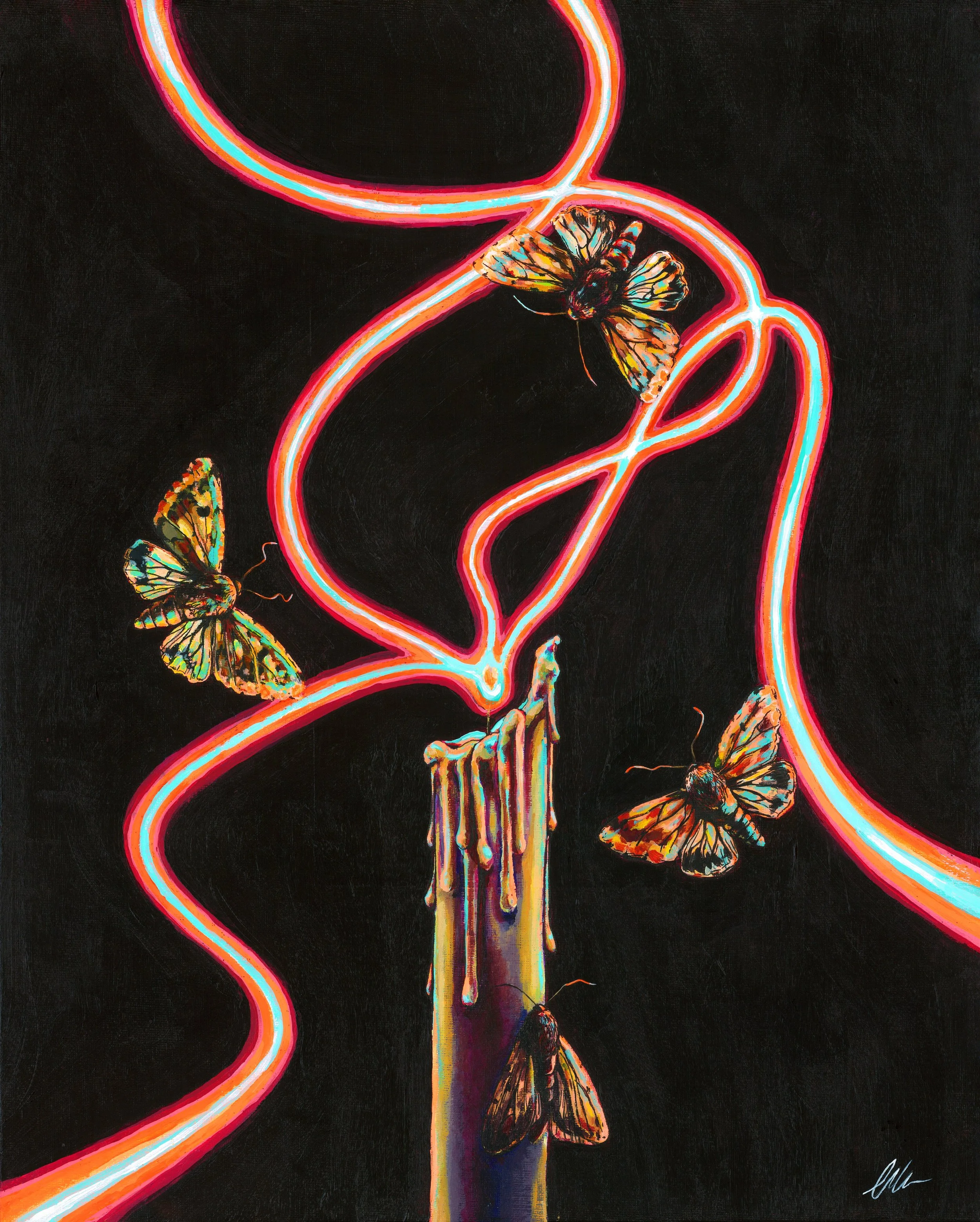 "To the Flame" 
Acrylic & ink on composite panel, 16" x 20" 
2024