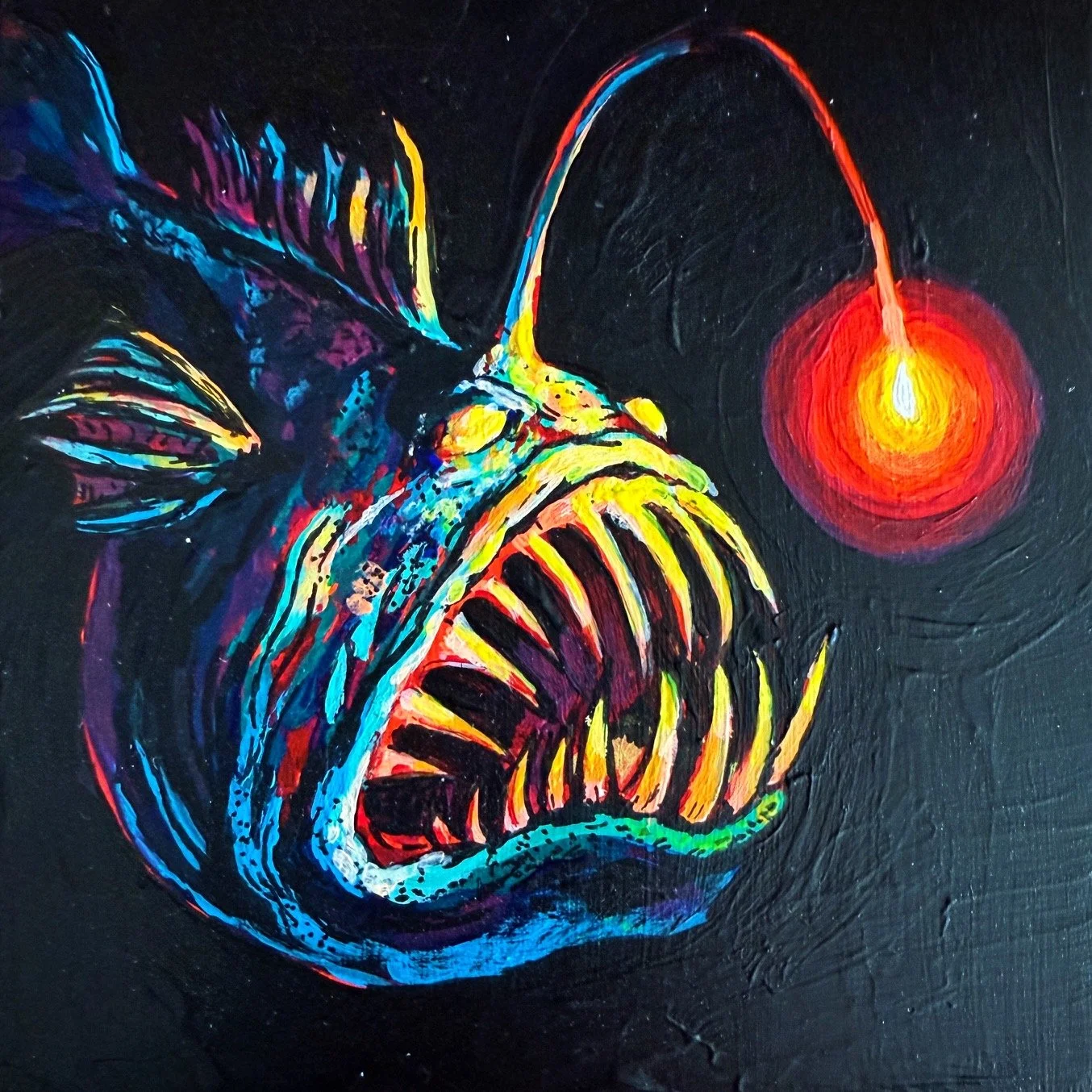 "Sea Devil" 
Acrylic & ink on gesso board, 5" x 5" 
2025