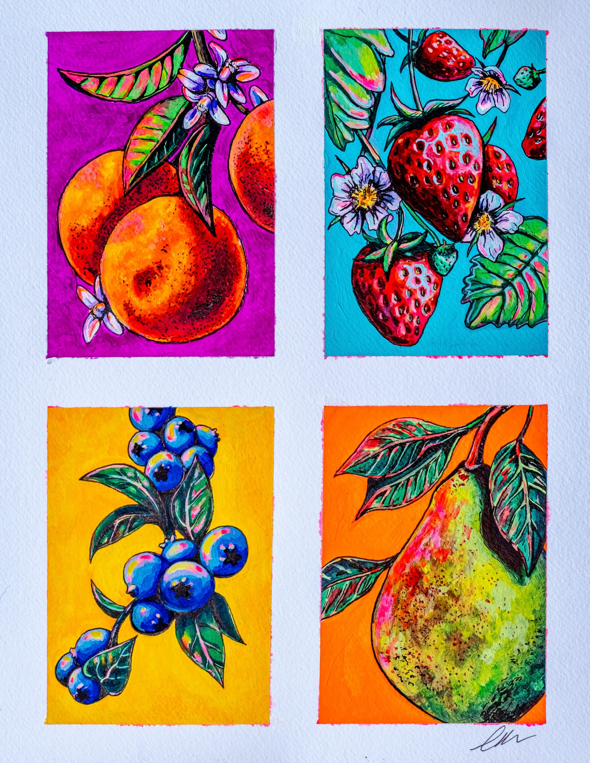 "Fruit Study" 
Acrylic & ink on paper, 9" x 12" 
2023