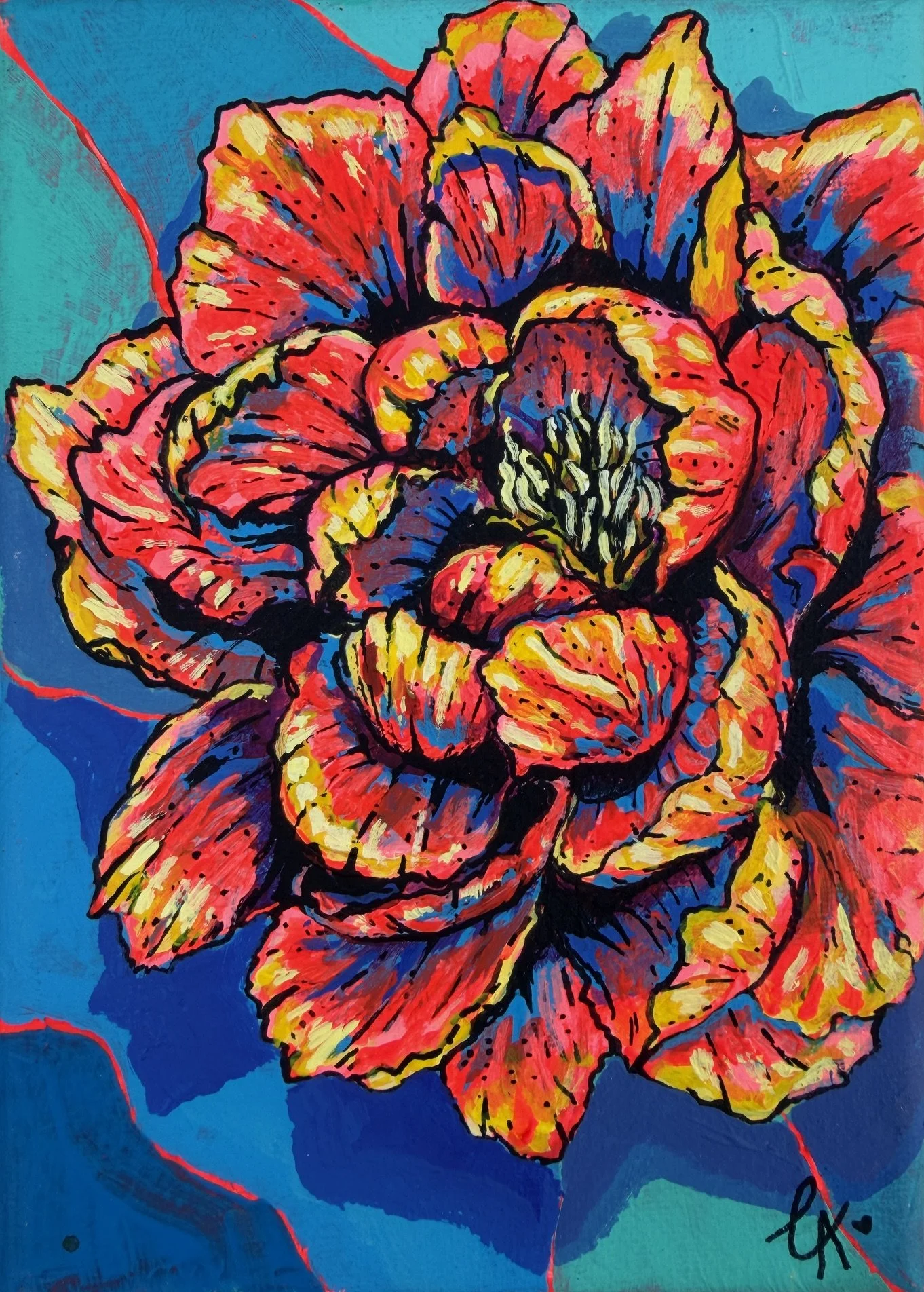 "Peony Study", 
Acrylic & ink on stretched canvas, 
5"x7", 2026