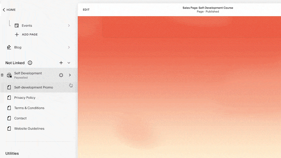 Screenshot of a website's content management system showing menu options like Events, Blog, Self Development, Privacy Policy, Terms & Conditions, Contact, and Website Guidelines, with a focus on the Self Development section.