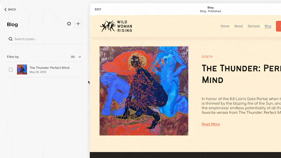 Screenshot of a blog page titled "The Thunder: Perfect Mind" with an abstract, colorful painting showing a figure with black skin, surrounded by blue figures, on the left side of the page.