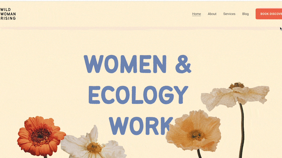 Screenshot of a website homepage titled 'Women & Ecology Work' with a beige background, colorful flower illustrations, a navigation bar, and a prominent red 'Book Discover' button.