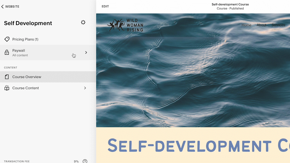 Screenshot of an online course website titled "Self Development" with menu options on the left including Pricing Plans, Paywall, Course Overview, and Course Content. The main page has a background image of water waves and the logo of "Wild Woman Rising" at the top left.