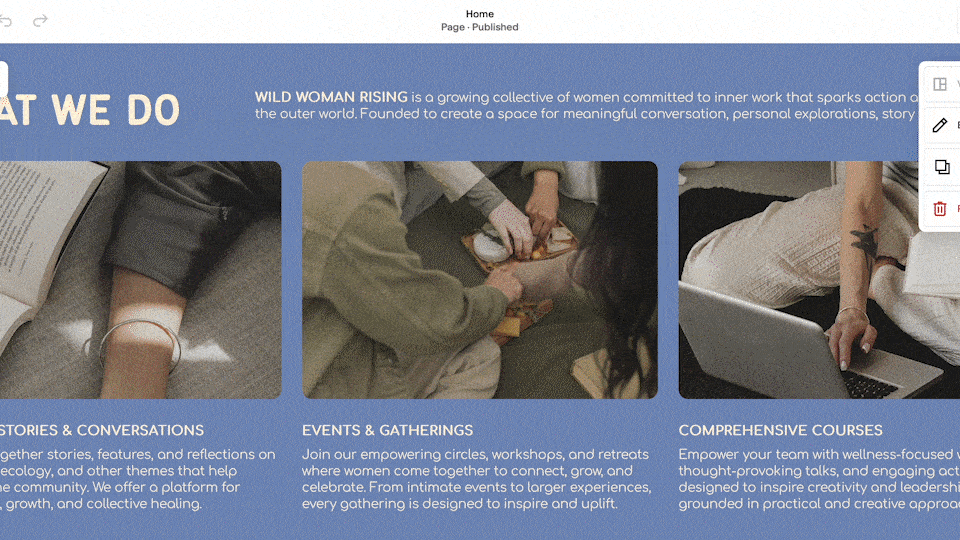 A website homepage with three images and text describing activities related to women empowerment, including stories and conversations, events and gatherings, and comprehensive courses.