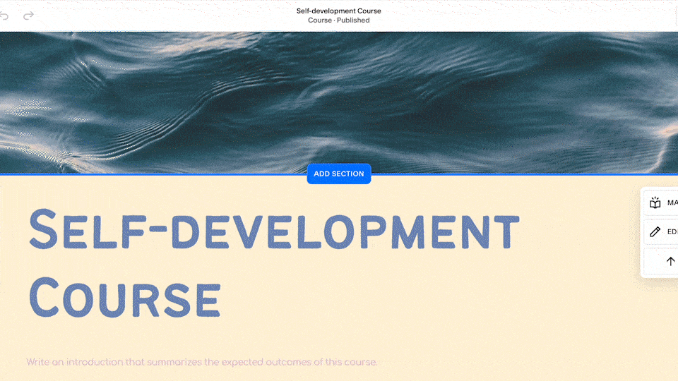 Screenshot of an online self-development course webpage with a large title reading 'SELF-DEVELOPMENT COURSE' over a background image of water, and a blue button labeled 'ADD SECTION' above the title.