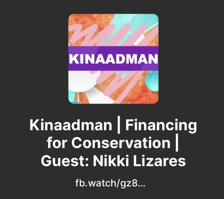 Colorful graphic with the text "Kinaadman" in purple and white, and the title "Kinaadman | Financing for Conservation | Guest: Nikki Lizares" along with a URL beginning with "fb.watch".