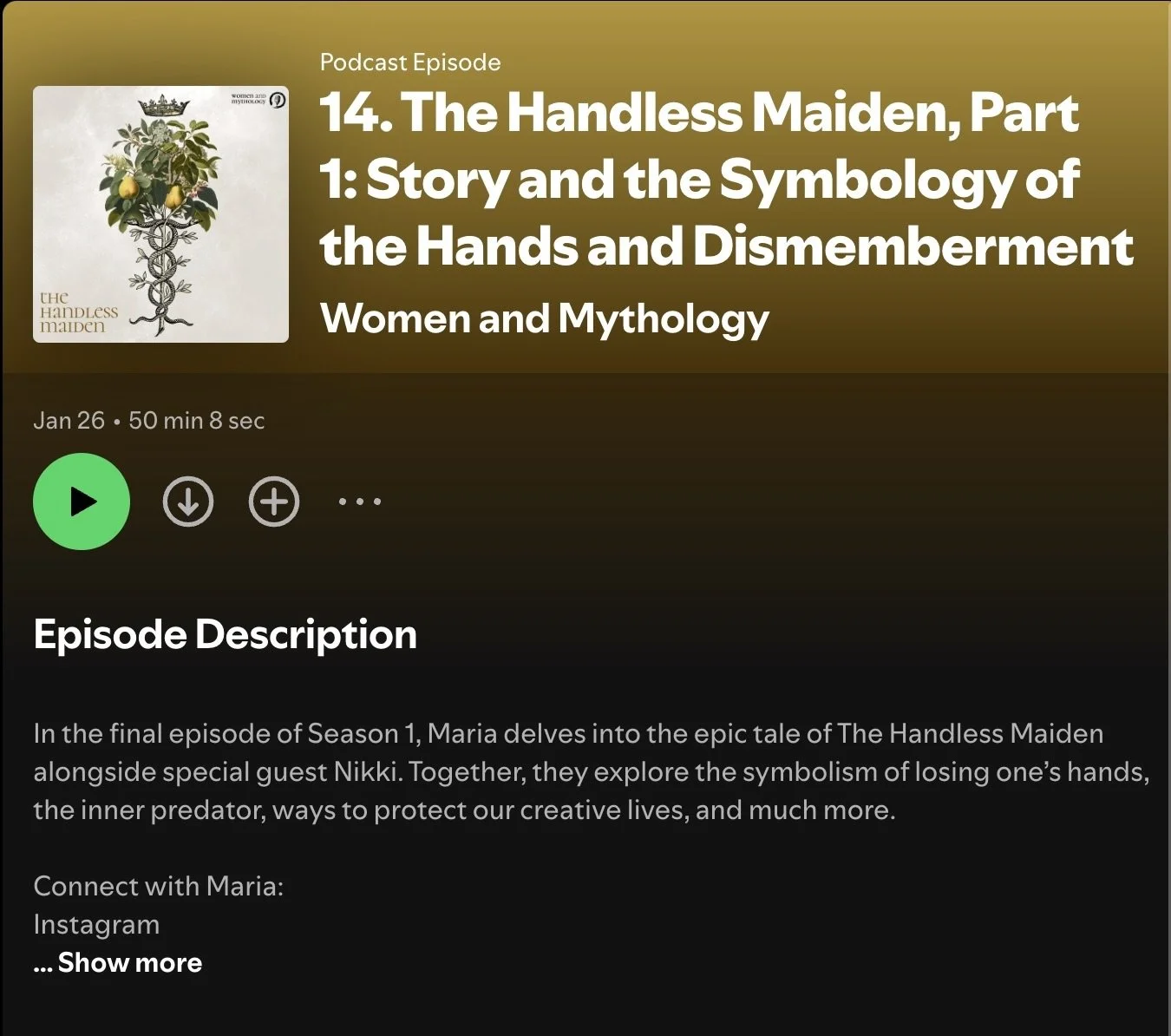 Podcast episode cover art with a stylized illustration of a lemon tree with a crown on top, and the title "The Handless Maiden, Part 1: Story and the Symbology of the Hands and Dismemberment".