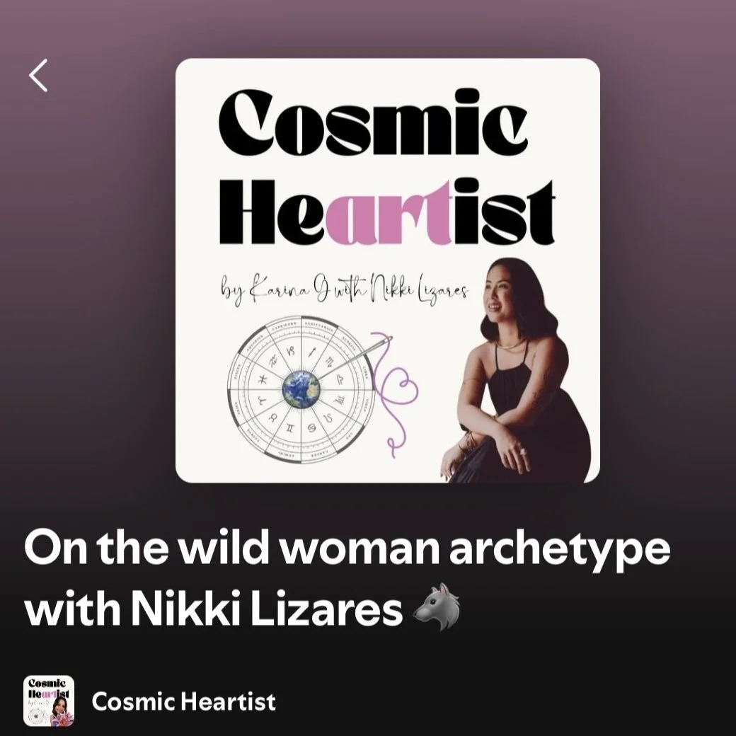 Cover image for the podcast 'Cosmic Heartist' featuring Nikki Lizares, with a woman sitting and smiling, astrological wheel with Earth at the center, and stylized text.