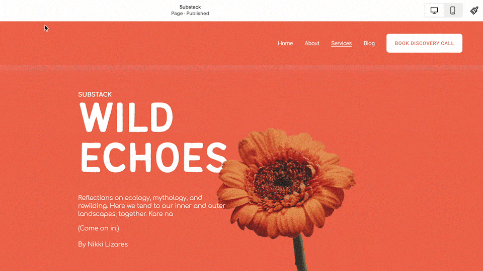 Webpage homepage for Substack titled "Wild Echoes" with an orange background, a large flower, and navigation menu including Home, About, Services, Blog, and a button to book a discovery call.