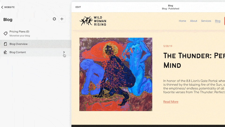 Screenshot of a blog post on WiLD WOMAN RISING website featuring a colorful painting titled 'The Thunder: Perception of Mind.' The painting depicts a black figure surrounded by blue and red abstract shapes, with fiery orange and yellow details.